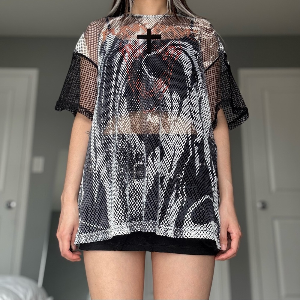 Punk Rave Graphic Black & White Marbled Fishnet Mesh T-Shirt